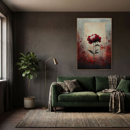 Crimson Peony Moody Floral Study wall art in a moody dark academia room – single crimson and white peony on a long