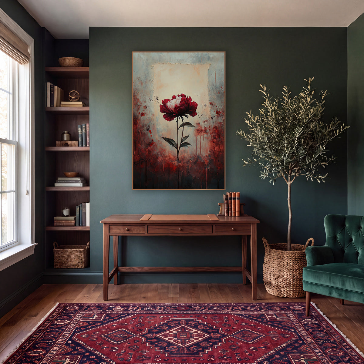 Crimson Peony Moody Floral Study wall art in a moody dark academia room – single crimson and white peony on a long