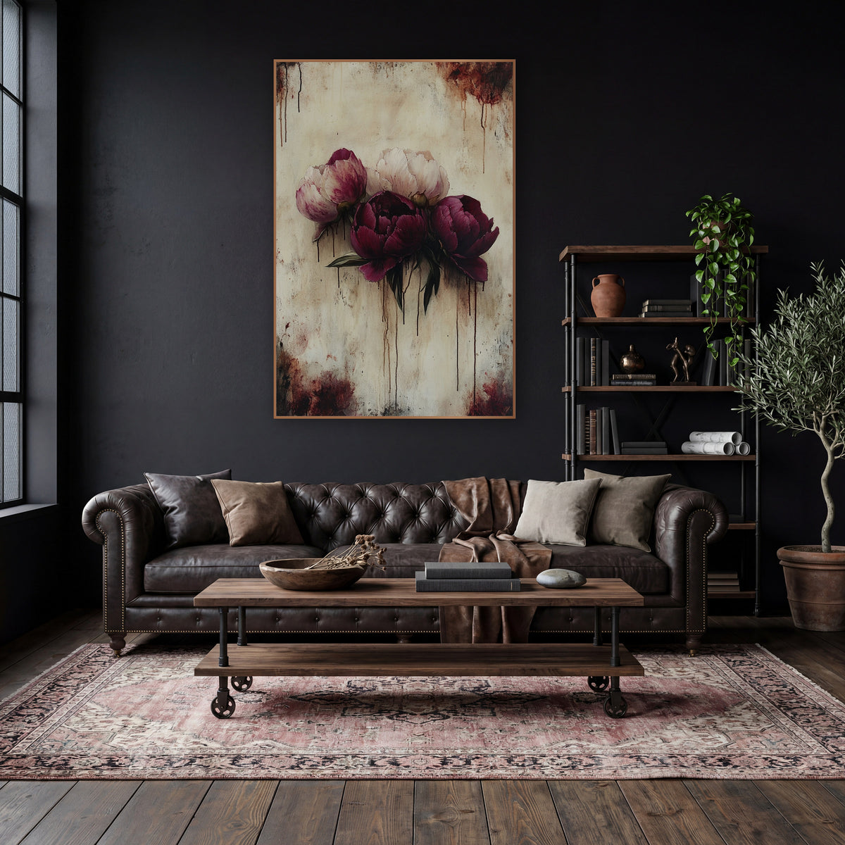 Clustered Burgundy Peonies Gothic Drip Style wall art in a moody dark academia room – three burgundy and blush peonies