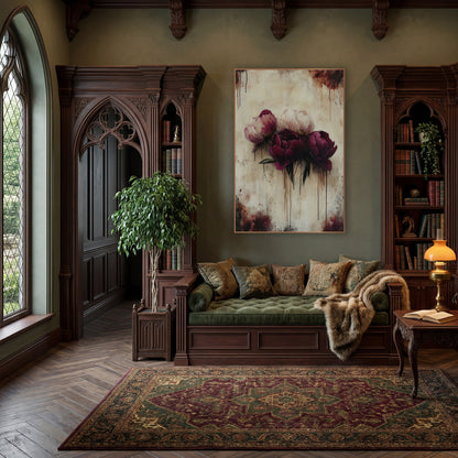 Clustered Burgundy Peonies Gothic Drip Style wall art in a moody dark academia room – three burgundy and blush peonies