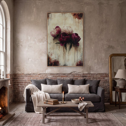 Clustered Burgundy Peonies Gothic Drip Style wall art in a moody dark academia room – three burgundy and blush peonies