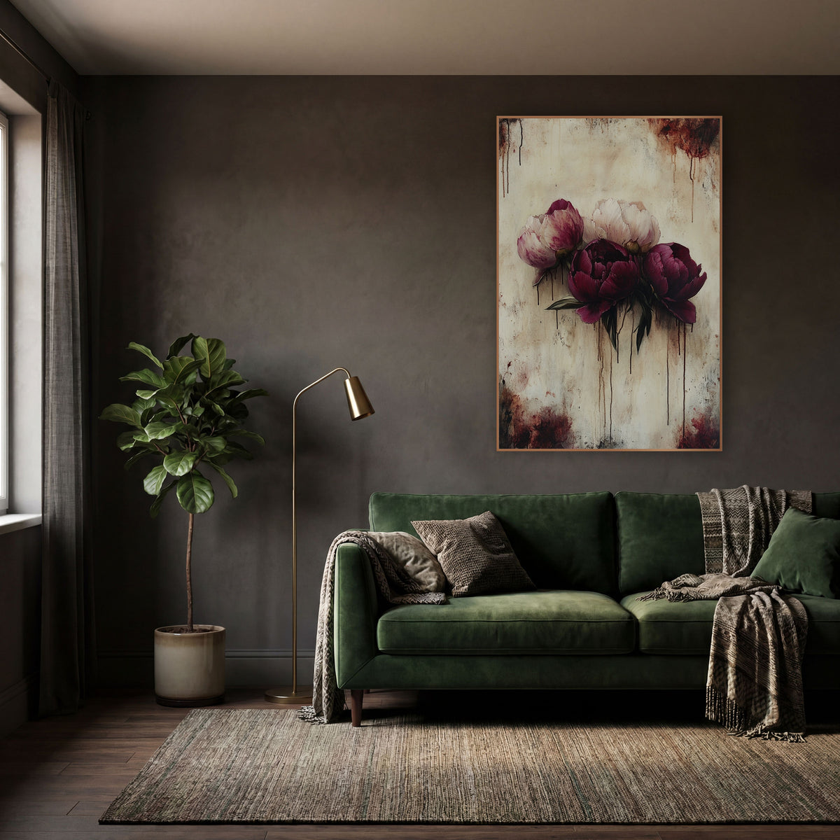 Clustered Burgundy Peonies Gothic Drip Style wall art in a moody dark academia room – three burgundy and blush peonies