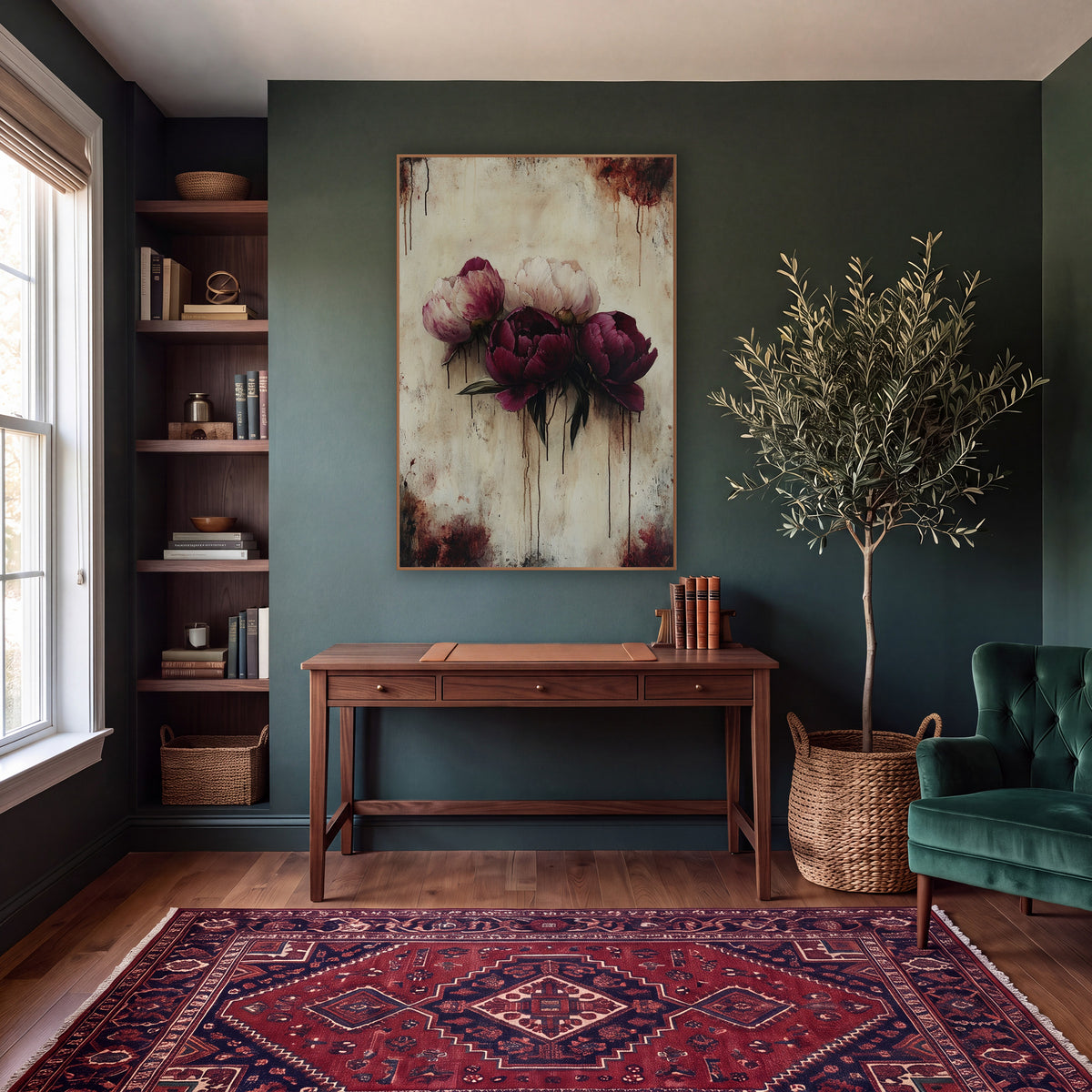 Clustered Burgundy Peonies Gothic Drip Style wall art in a moody dark academia room – three burgundy and blush peonies