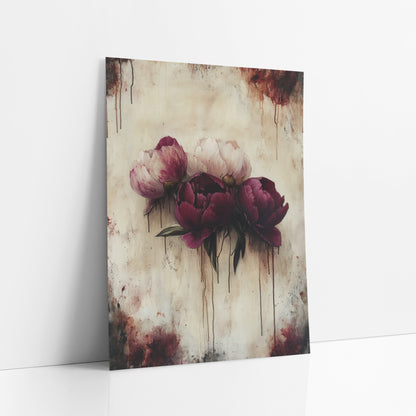 Clustered Burgundy Peonies Gothic Drip Style art print leaning against a white wall – three burgundy and blush peonies