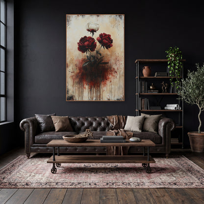 Dripping Crimson Peonies Gothic Moody wall art in a moody dark academia room – two crimson peonies and one cream peony