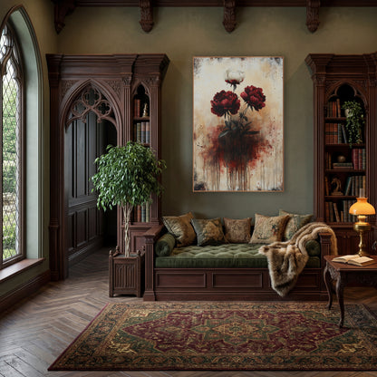 Dripping Crimson Peonies Gothic Moody wall art in a moody dark academia room – two crimson peonies and one cream peony