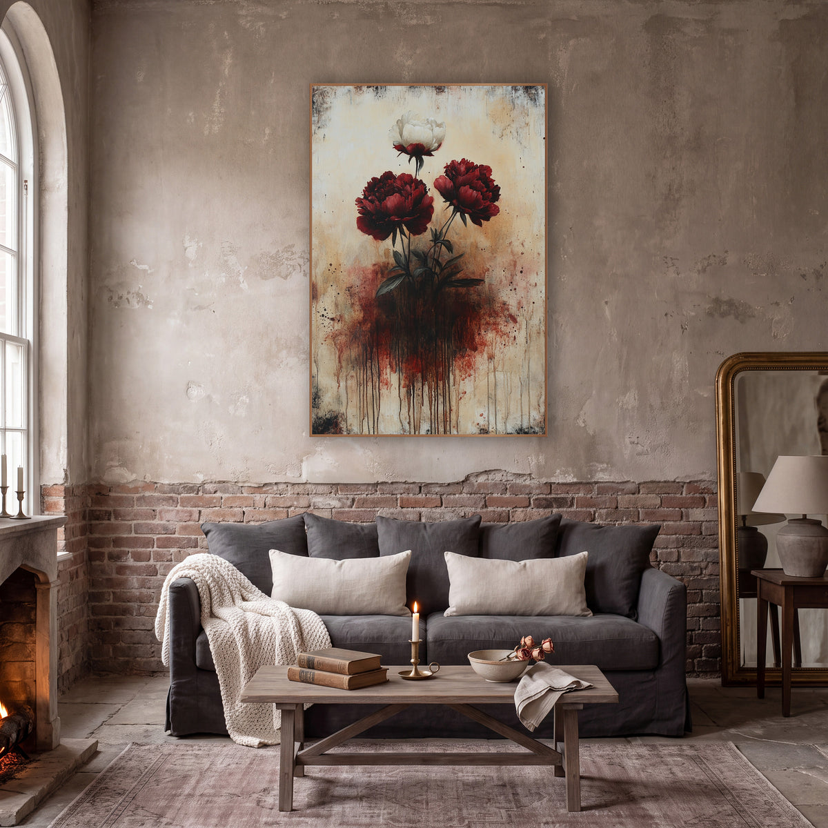 Dripping Crimson Peonies Gothic Moody wall art in a moody dark academia room – two crimson peonies and one cream peony