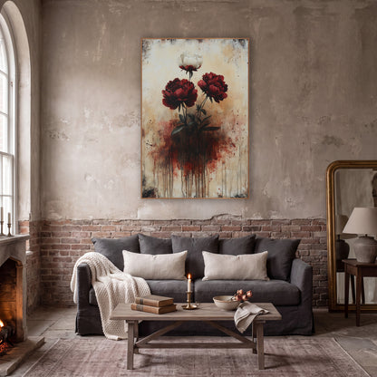 Dripping Crimson Peonies Gothic Moody wall art in a moody dark academia room – two crimson peonies and one cream peony