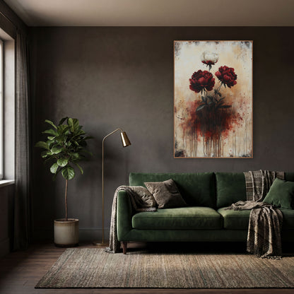 Dripping Crimson Peonies Gothic Moody wall art in a moody dark academia room – two crimson peonies and one cream peony