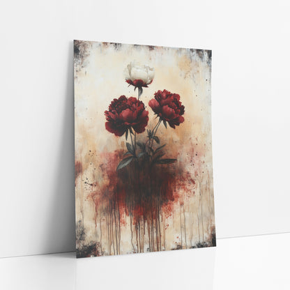 Dripping Crimson Peonies Gothic Moody art print leaning against a white wall – two crimson peonies and one cream peony