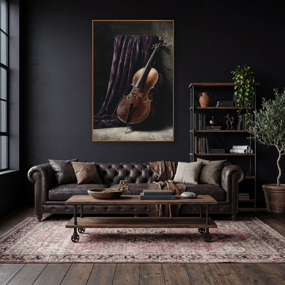 Leaning Cello Curtain Moody wall art in a moody dark academia room – still life of a copper-brown cello leaning