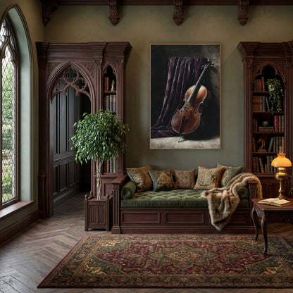 Leaning Cello Curtain Moody wall art in a moody dark academia room – still life of a copper-brown cello leaning