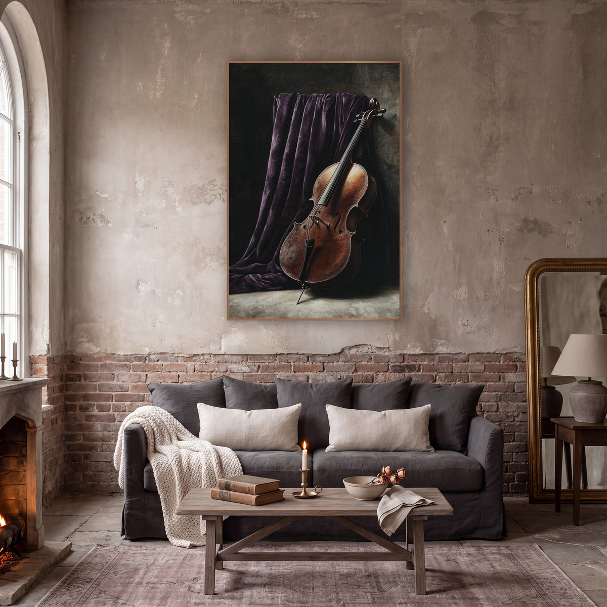 Leaning Cello Curtain Moody wall art in a moody dark academia room – still life of a copper-brown cello leaning