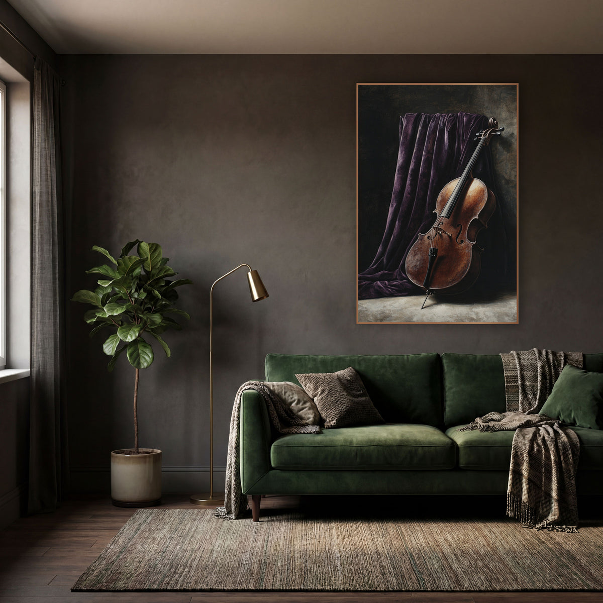 Leaning Cello Curtain Moody wall art in a moody dark academia room – still life of a copper-brown cello leaning