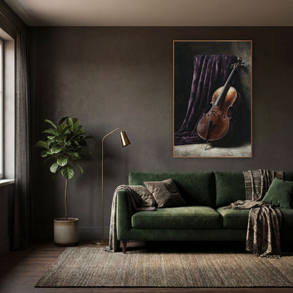 Leaning Cello Curtain Moody wall art in a moody dark academia room – still life of a copper-brown cello leaning