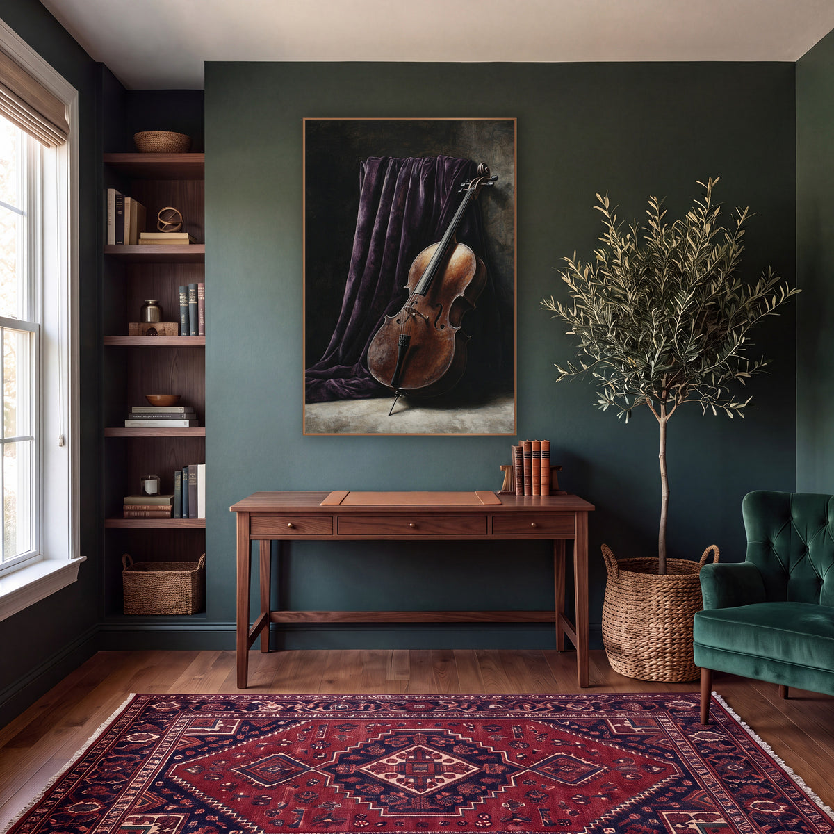 Leaning Cello Curtain Moody wall art in a moody dark academia room – still life of a copper-brown cello leaning