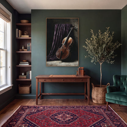 Leaning Cello Curtain Moody wall art in a moody dark academia room – still life of a copper-brown cello leaning
