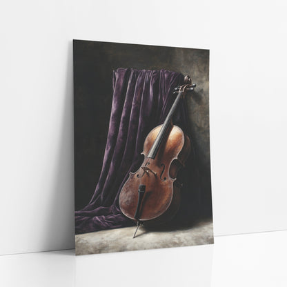 Leaning Cello Curtain Moody art print leaning against a white wall – still life of a copper-brown cello leaning