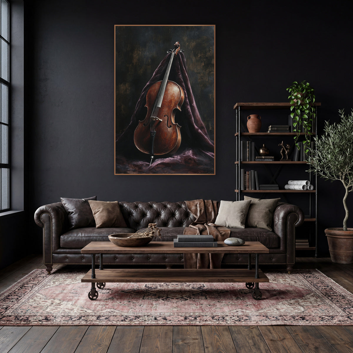 Upright Cello Shroud Classic wall art in a moody dark academia room – brown cello leaning upright against draped dark