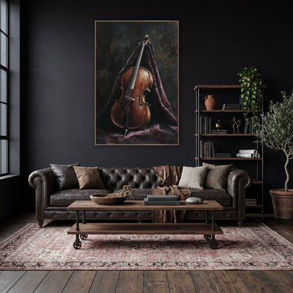 Upright Cello Shroud Classic wall art in a moody dark academia room – brown cello leaning upright against draped dark