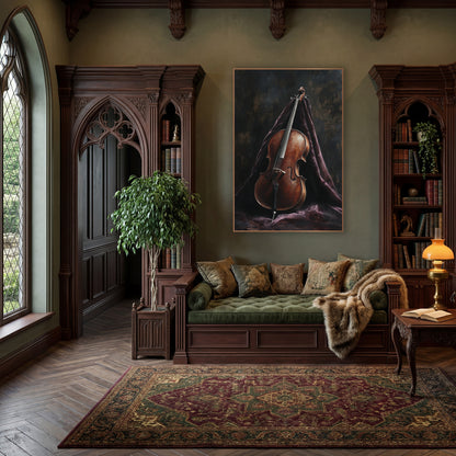 Upright Cello Shroud Classic wall art in a moody dark academia room – brown cello leaning upright against draped dark