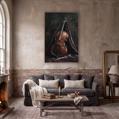 Upright Cello Shroud Classic wall art in a moody dark academia room – brown cello leaning upright against draped dark