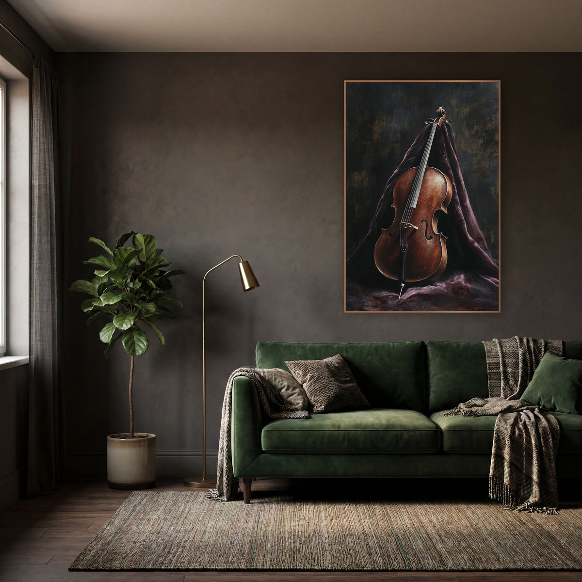 Upright Cello Shroud Classic wall art in a moody dark academia room – brown cello leaning upright against draped dark