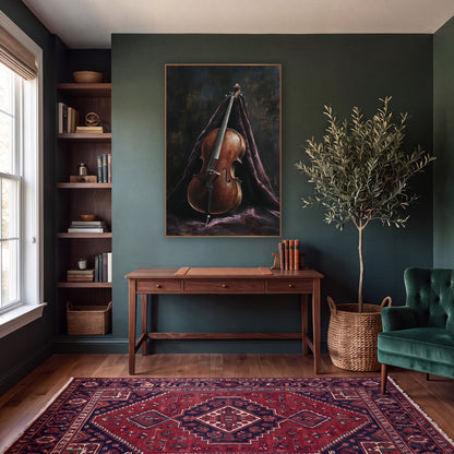 Upright Cello Shroud Classic wall art in a moody dark academia room – brown cello leaning upright against draped dark