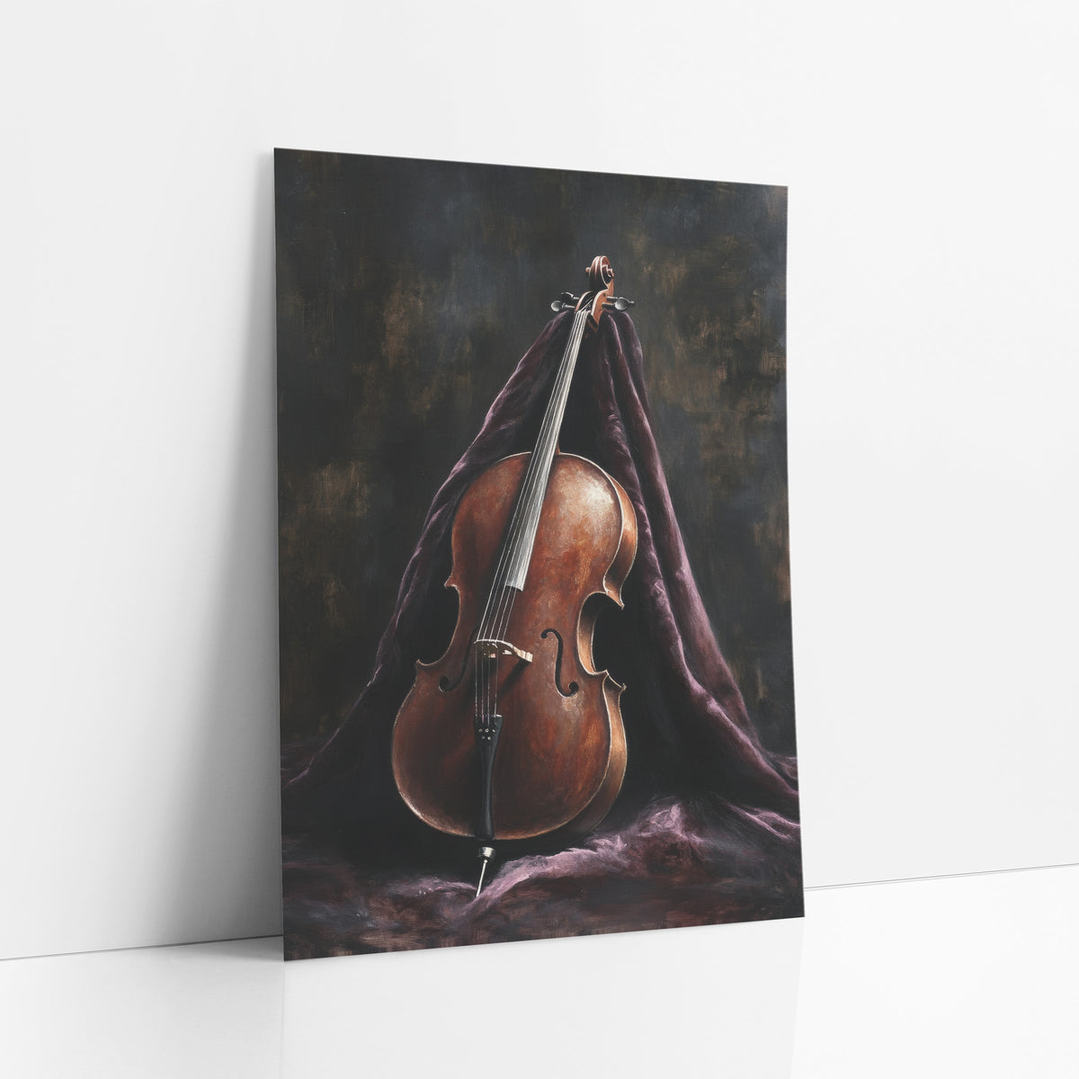 Upright Cello Shroud Classic art print leaning against a white wall – brown cello leaning upright against draped dark plum