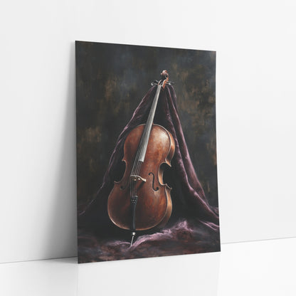 Upright Cello Shroud Classic art print leaning against a white wall – brown cello leaning upright against draped dark plum