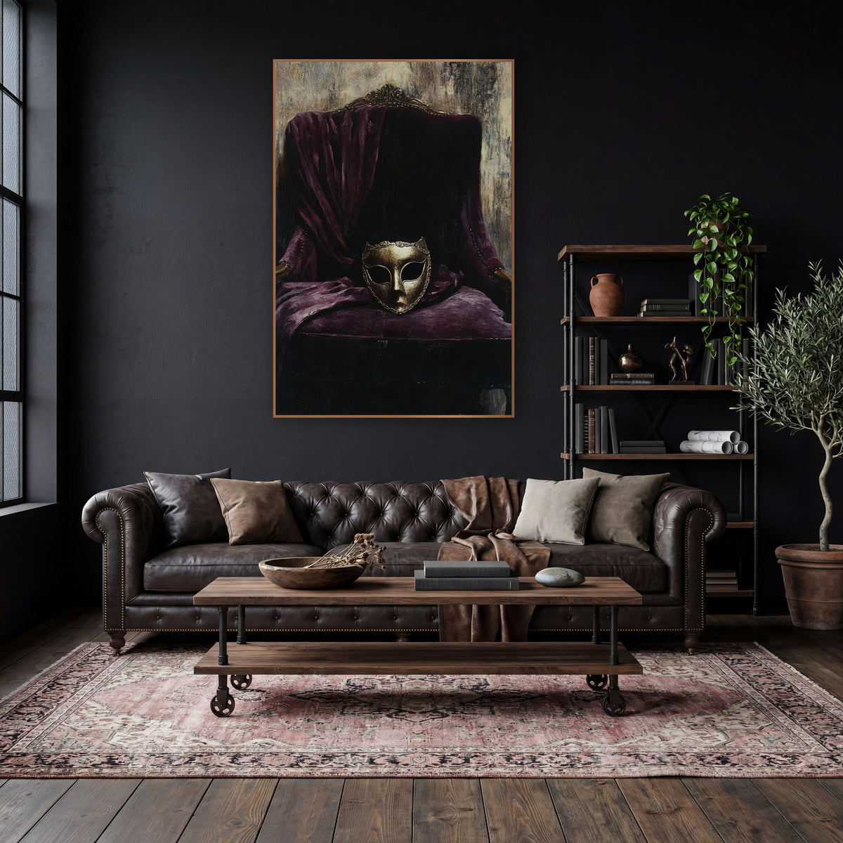 Gilded Mask Plum Velvet Armchair wall art in a moody dark academia room – gold-toned mask resting on a plum velvet