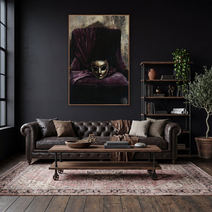 Gilded Mask Plum Velvet Armchair wall art in a moody dark academia room – gold-toned mask resting on a plum velvet