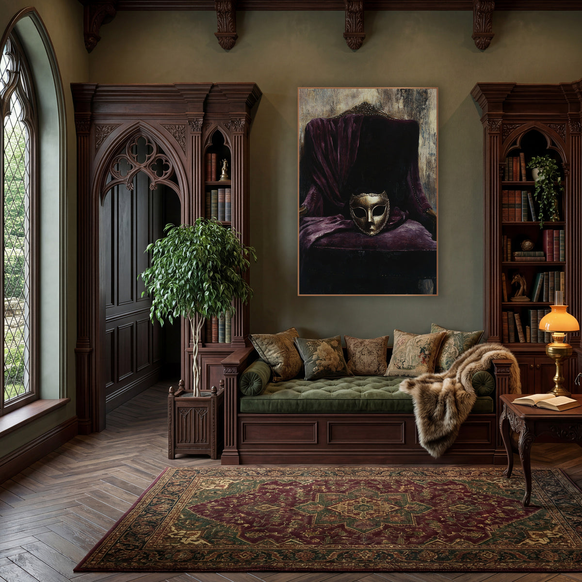 Gilded Mask Plum Velvet Armchair wall art in a moody dark academia room – gold-toned mask resting on a plum velvet
