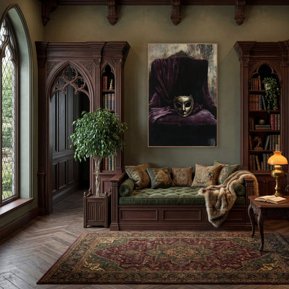Gilded Mask Plum Velvet Armchair wall art in a moody dark academia room – gold-toned mask resting on a plum velvet