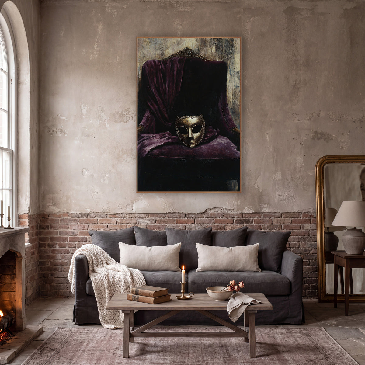 Gilded Mask Plum Velvet Armchair wall art in a moody dark academia room – gold-toned mask resting on a plum velvet