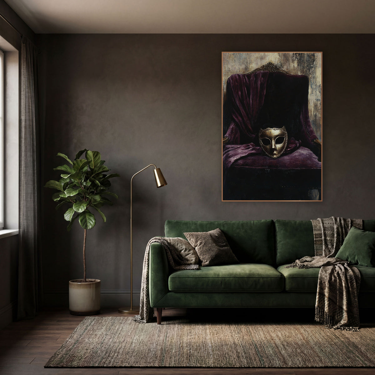 Gilded Mask Plum Velvet Armchair wall art in a moody dark academia room – gold-toned mask resting on a plum velvet