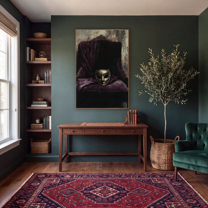 Gilded Mask Plum Velvet Armchair wall art in a moody dark academia room – gold-toned mask resting on a plum velvet