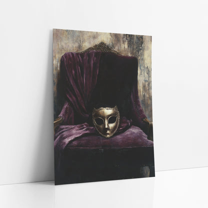 Gilded Mask Plum Velvet Armchair art print leaning against a white wall – gold-toned mask resting on a plum velvet armchair