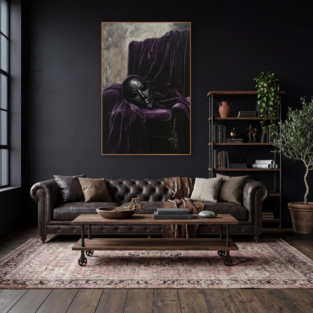 Dark Masquerade Mask Velvet Still Life wall art in a moody dark academia room – ornate black masquerade mask resting