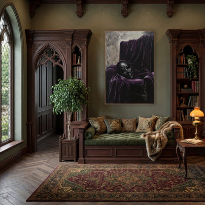 Dark Masquerade Mask Velvet Still Life wall art in a moody dark academia room – ornate black masquerade mask resting