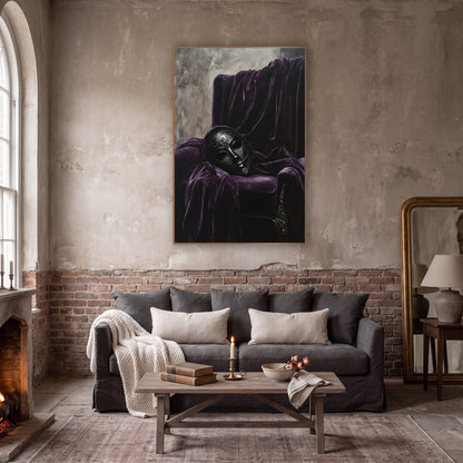 Dark Masquerade Mask Velvet Still Life wall art in a moody dark academia room – ornate black masquerade mask resting