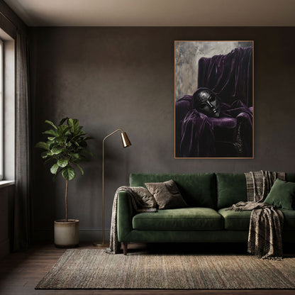 Dark Masquerade Mask Velvet Still Life wall art in a moody dark academia room – ornate black masquerade mask resting