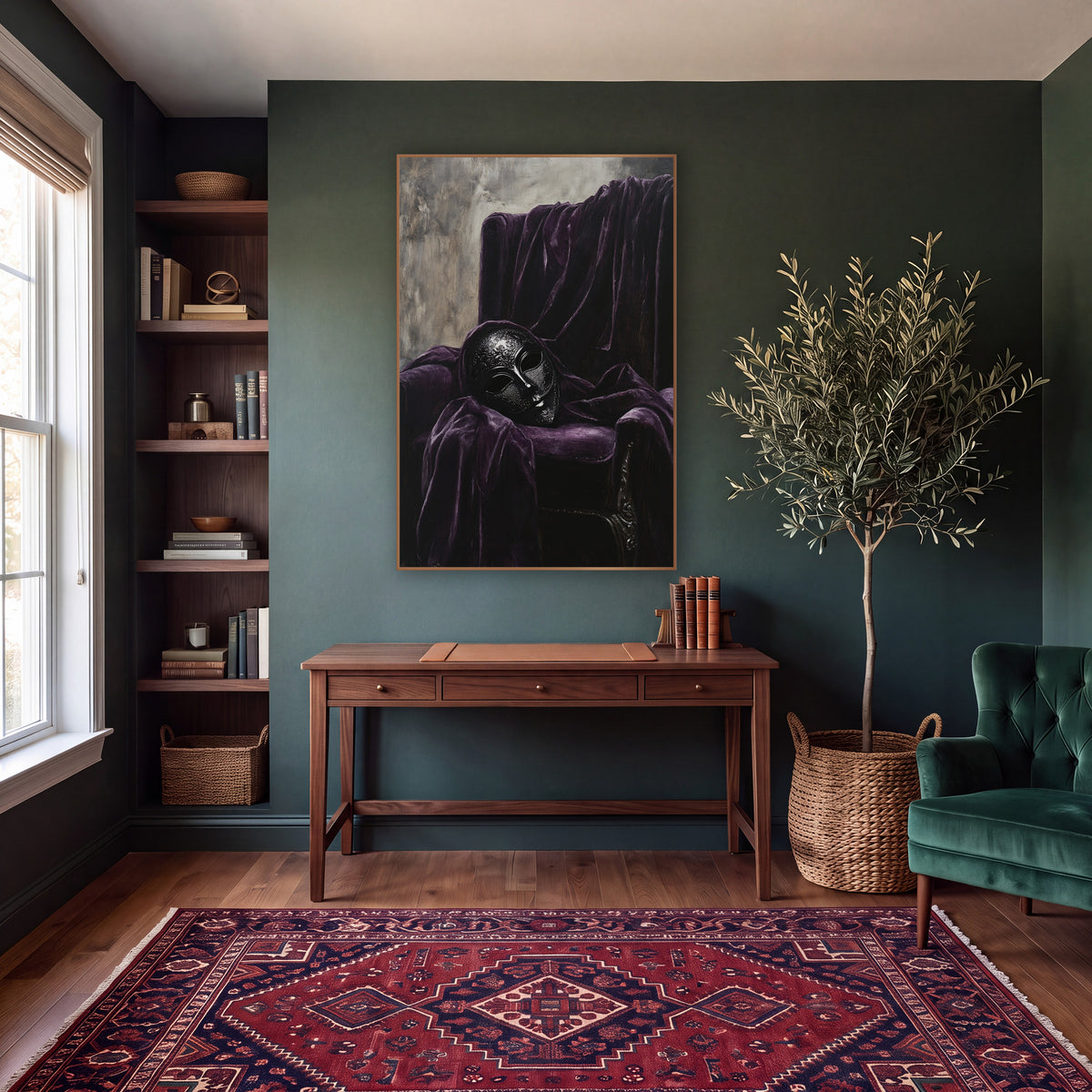 Dark Masquerade Mask Velvet Still Life wall art in a moody dark academia room – ornate black masquerade mask resting