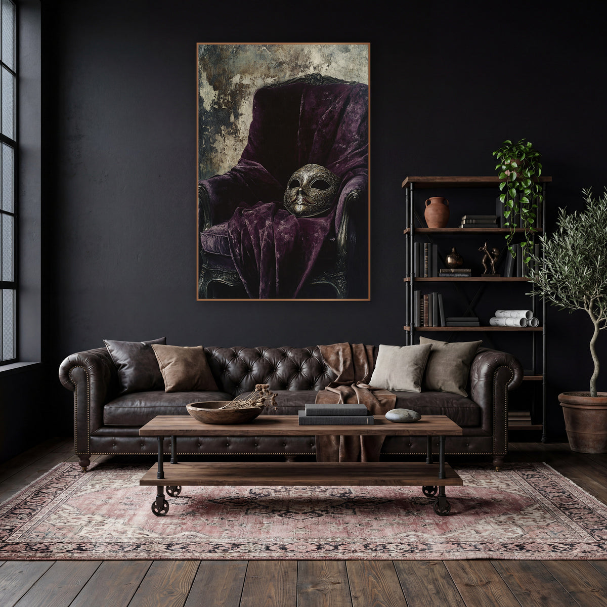 Masquerade Mask Velvet Chair Gothic wall art in a moody dark academia room – ornate masquerade mask resting on a plum