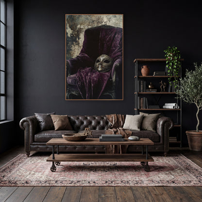 Masquerade Mask Velvet Chair Gothic wall art in a moody dark academia room – ornate masquerade mask resting on a plum