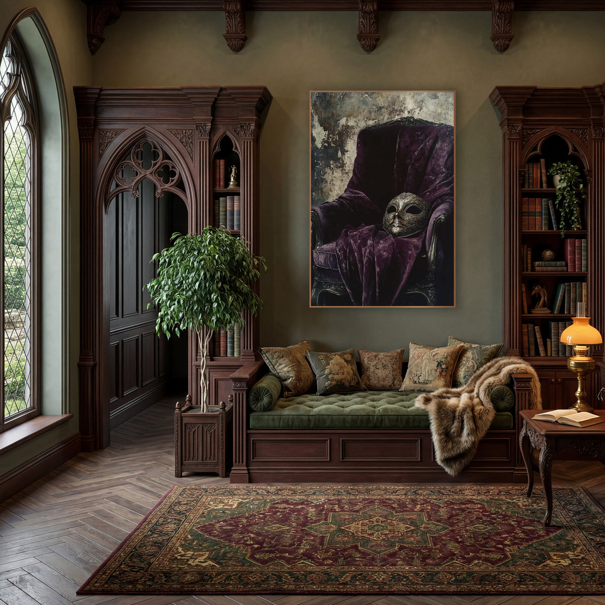 Masquerade Mask Velvet Chair Gothic wall art in a moody dark academia room – ornate masquerade mask resting on a plum