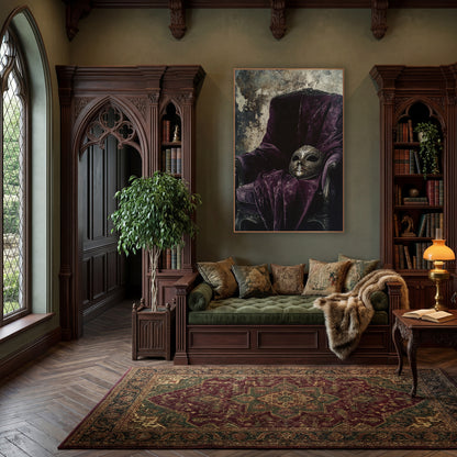 Masquerade Mask Velvet Chair Gothic wall art in a moody dark academia room – ornate masquerade mask resting on a plum
