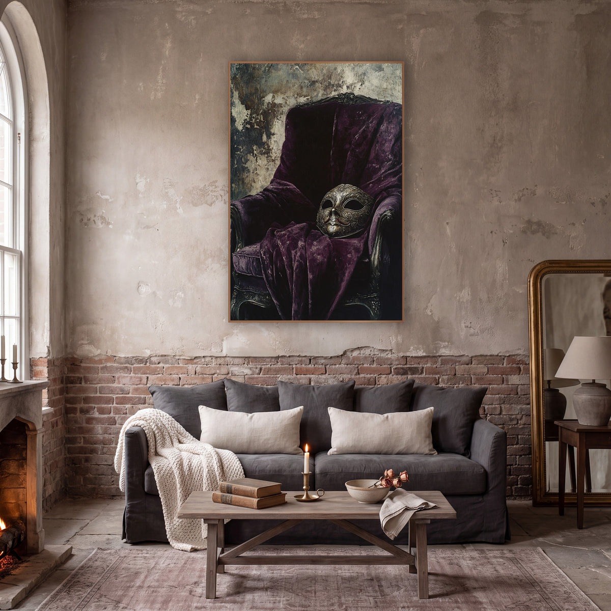 Masquerade Mask Velvet Chair Gothic wall art in a moody dark academia room – ornate masquerade mask resting on a plum