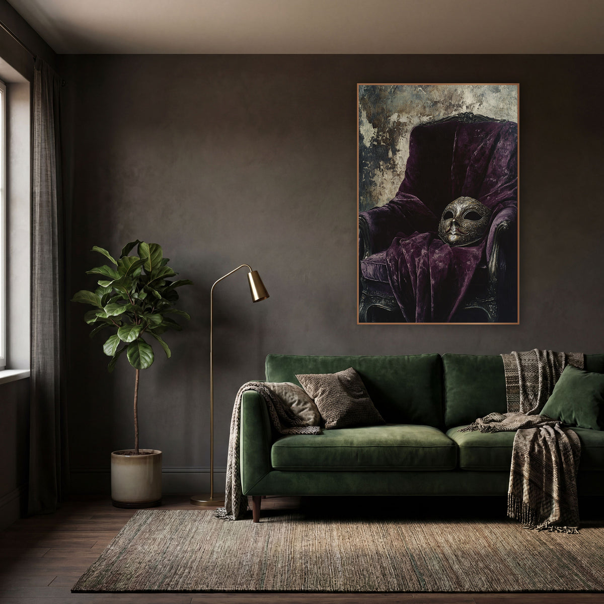 Masquerade Mask Velvet Chair Gothic wall art in a moody dark academia room – ornate masquerade mask resting on a plum