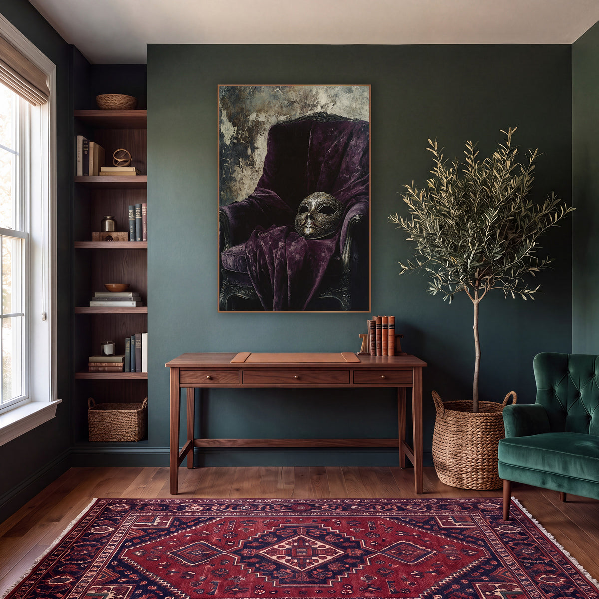 Masquerade Mask Velvet Chair Gothic wall art in a moody dark academia room – ornate masquerade mask resting on a plum